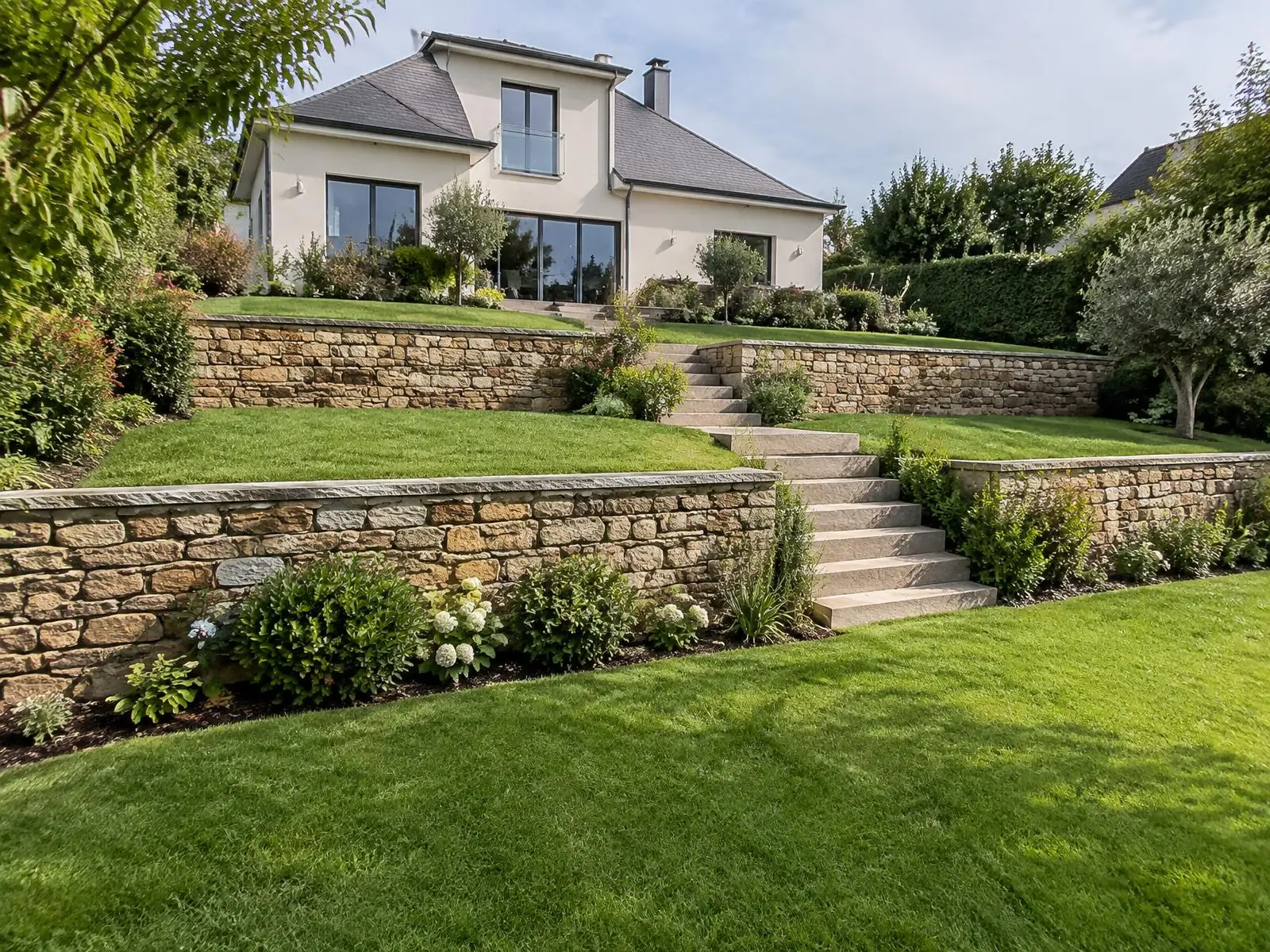 Un jardin en terrasses devant une maison : pelouses, murets de pierre, escalier et massifs.
