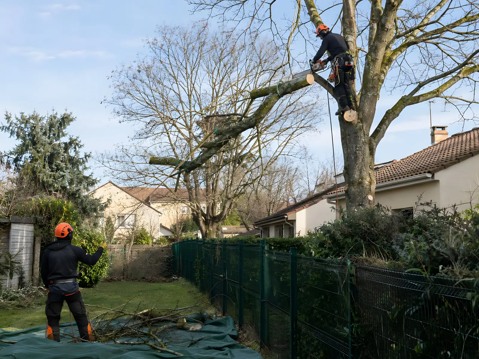 Élagueur casqué et encordé dans un grand arbre, tronçonneuse en main, une branche tenue par une corde ; un collègue au sol.