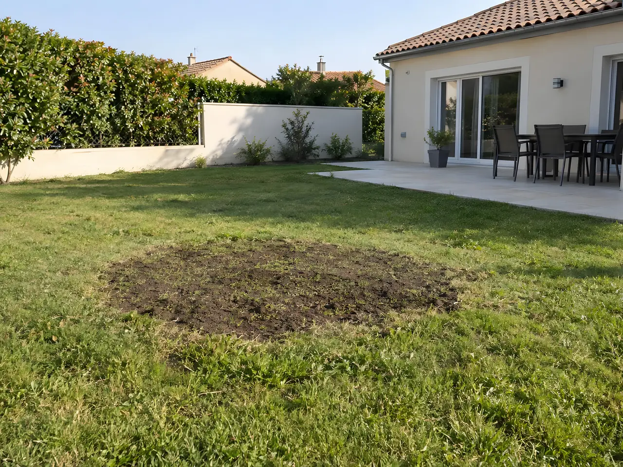 Pelouse devant une terrasse dallée, tache ronde de terre nue au ras du sol à la place de l'arbre