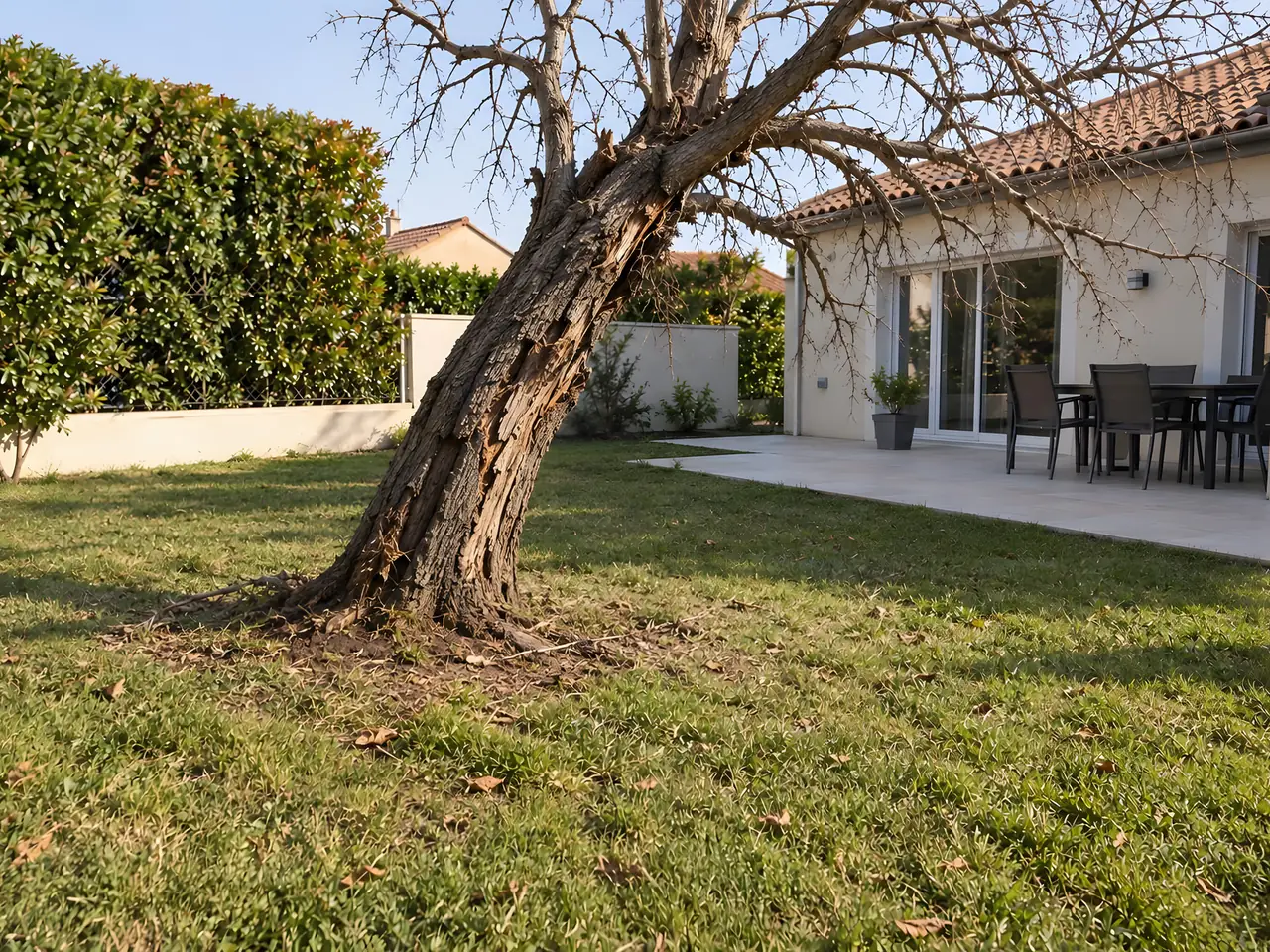 Vieil arbre mort et penché aux branches sèches au milieu d'une pelouse, devant une terrasse dallée et une maison claire