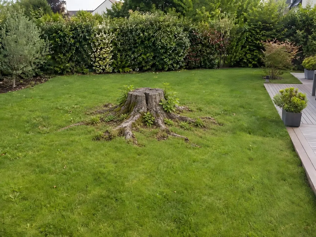 Grosse souche grise fendue au milieu d'une pelouse, racines apparentes et rejets verts, terrasse en bois à droite