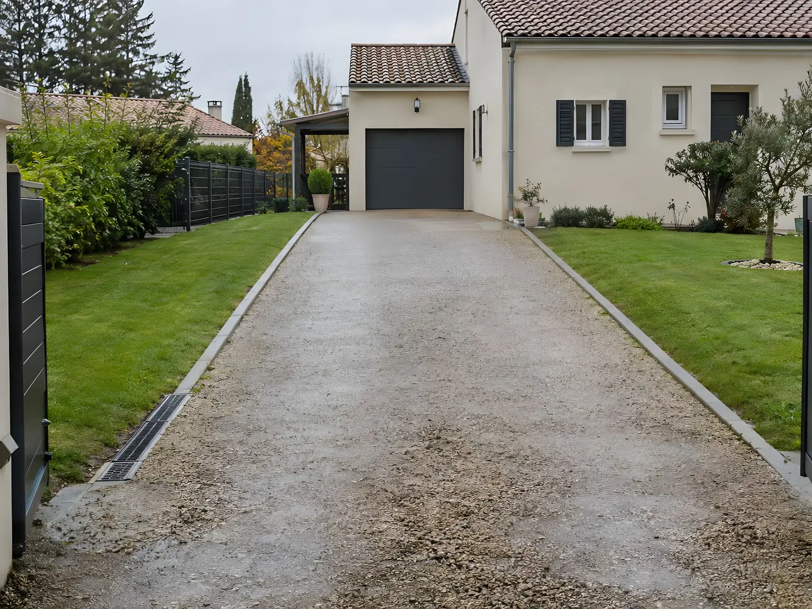 La même allée refaite en grave claire compactée, bordures le long des pelouses, caniveau à grille à l'entrée