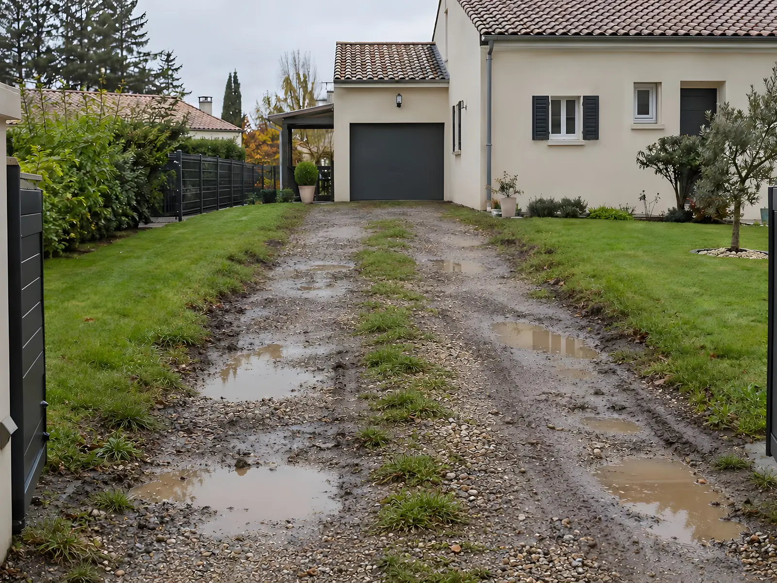 Allée de garage en terre creusée de deux ornières pleines d'eau entre deux bandes de pelouse