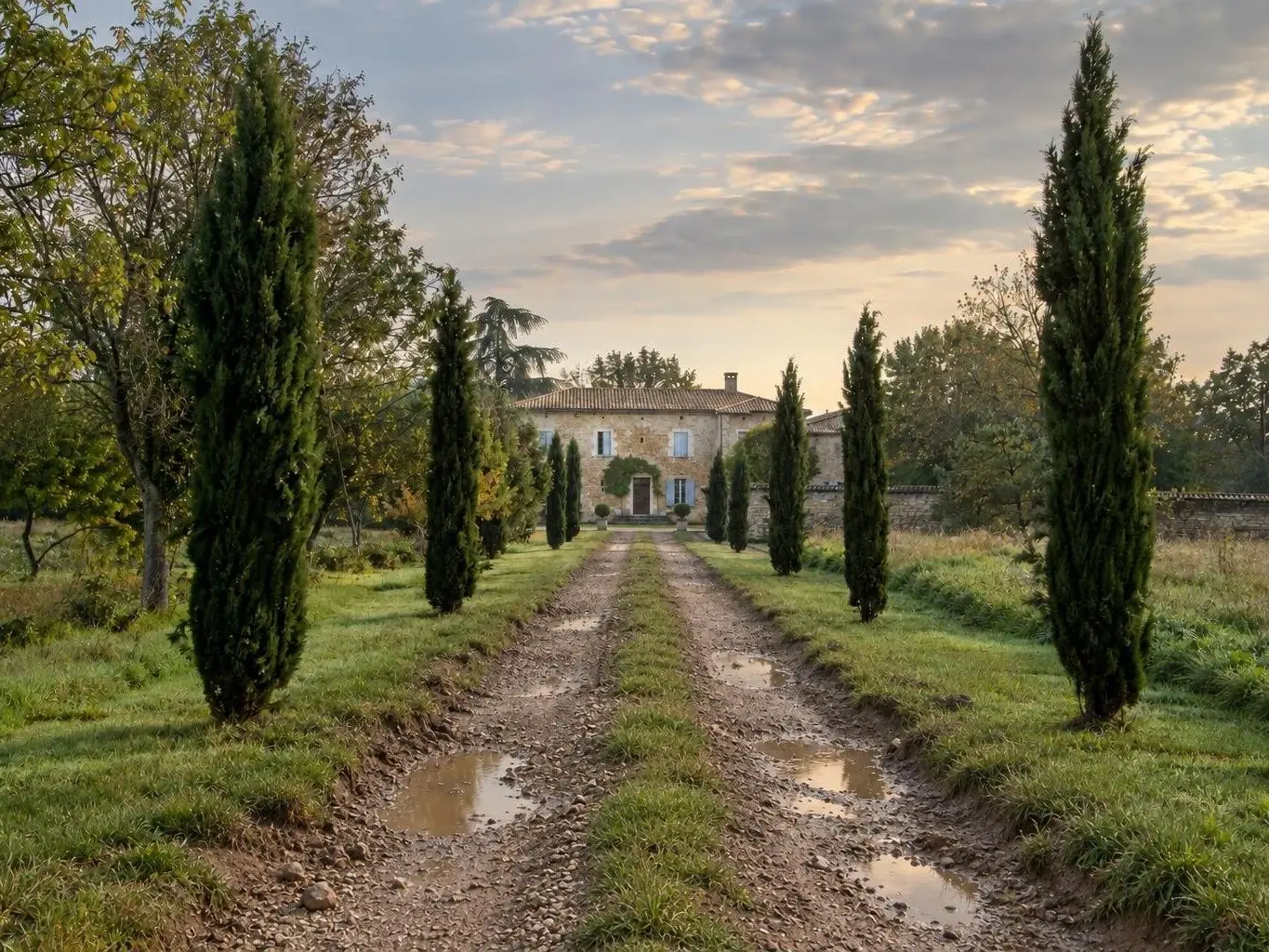 Longue allée de terre bordée de cyprès, creusée d'ornières boueuses jusqu'à la maison