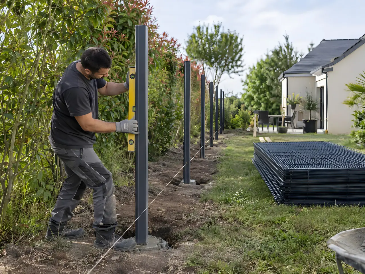 Poseur qui vérifie au niveau l'aplomb d'un poteau de clôture anthracite, panneaux rigides empilés sur l'herbe