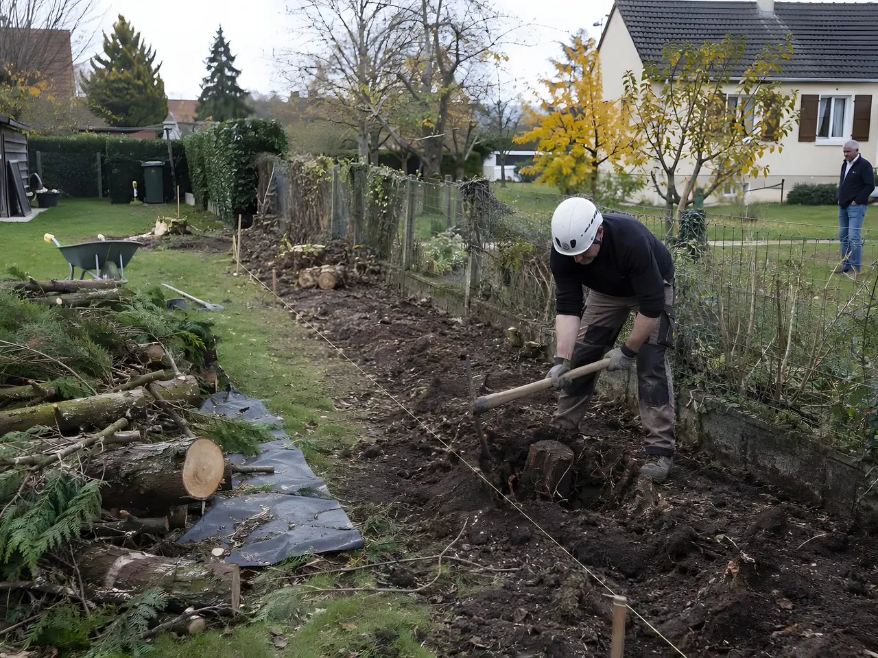 Ouvrier casqué qui arrache une souche à la pioche en limite de jardin, rondins de vieille haie sur une bâche