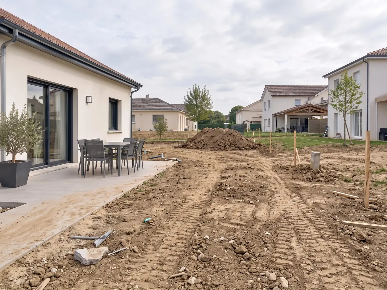 Terre nue retournée par les engins autour d'une maison neuve, traces de roues et tas de terre, avant les travaux