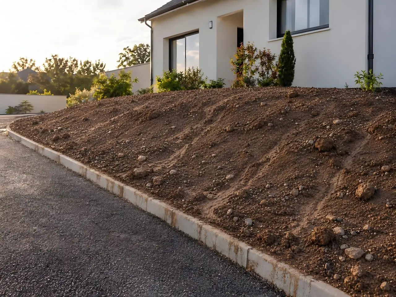 Talus de terre nue raviné par la pluie, cailloux et mottes, le long d'une allée bordée de béton sous une maison blanche