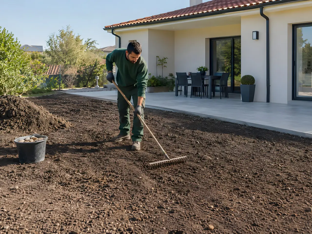 Jardinier qui nivelle au râteau une grande surface de terre retournée devant la terrasse d'une maison neuve