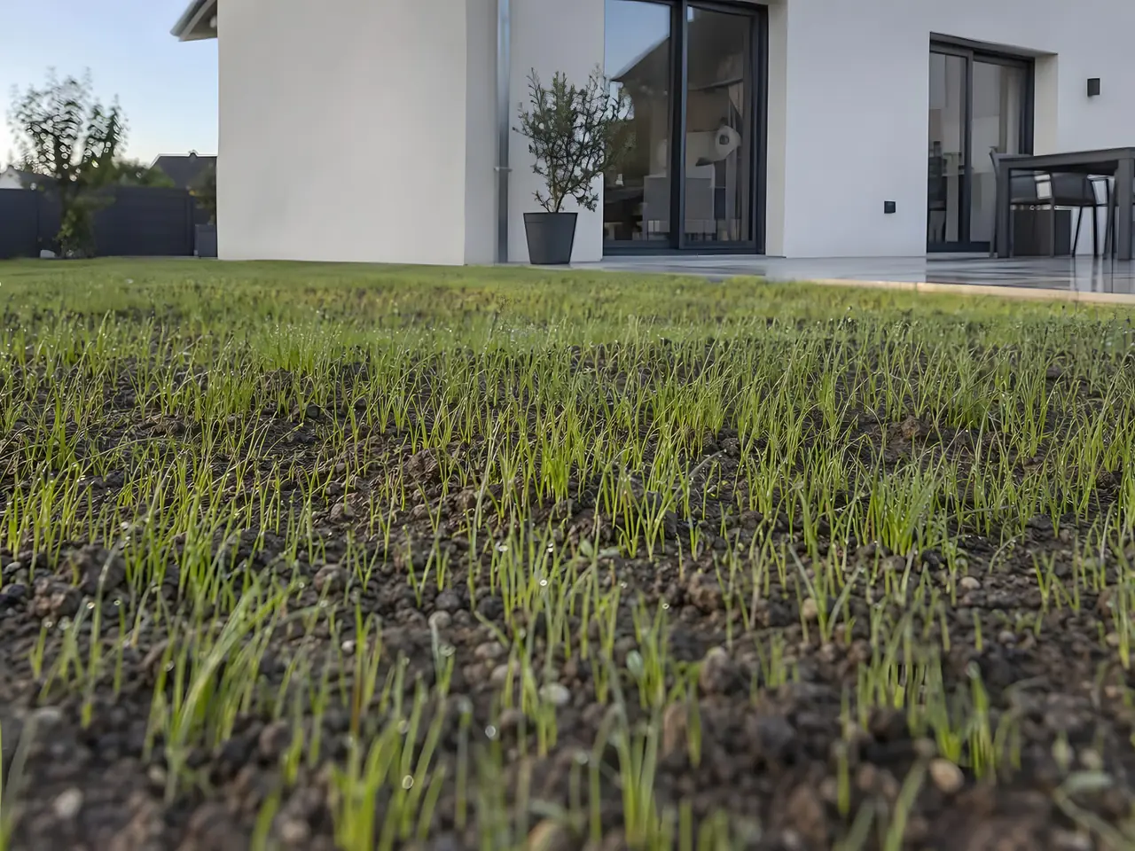 Jeune gazon qui vient de lever, fins brins vert tendre sur la terre, devant une maison blanche et sa terrasse