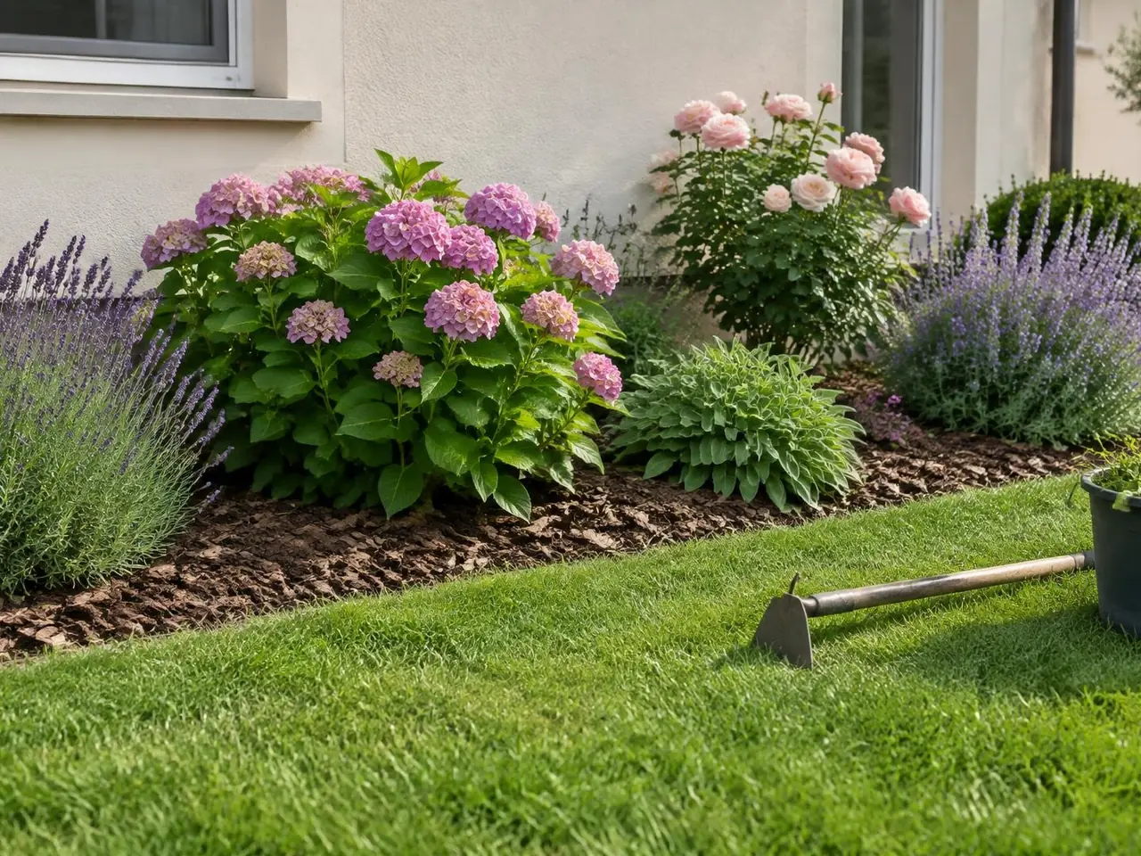 Massif de lavandes et d'hortensias paillé d'écorces au bord d'une pelouse, outils et seau posés dans l'herbe