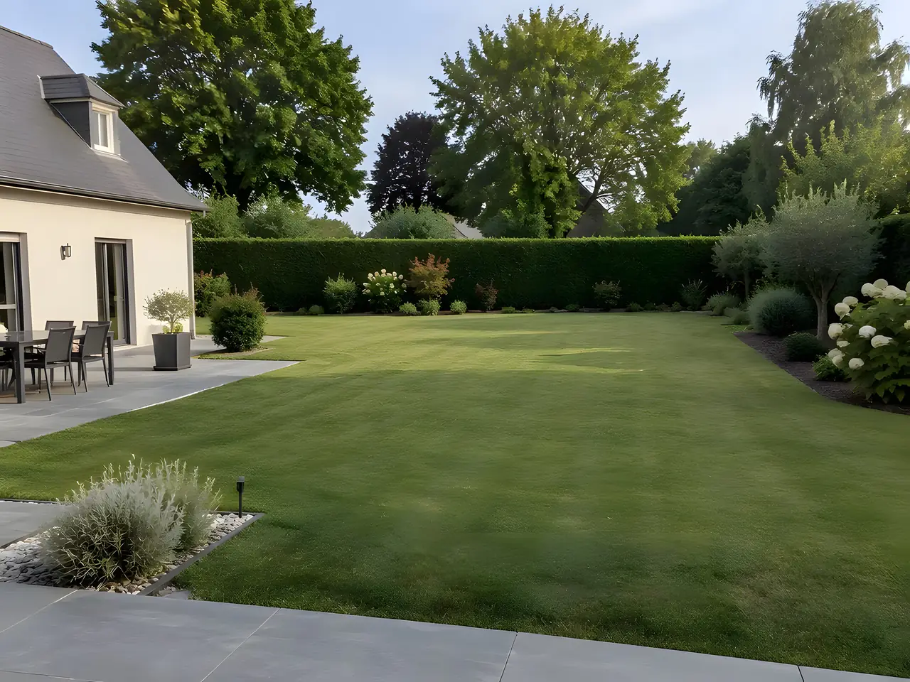 Le même jardin remis au propre : pelouse rase, haie taillée au fond, massifs dégagés près de la terrasse