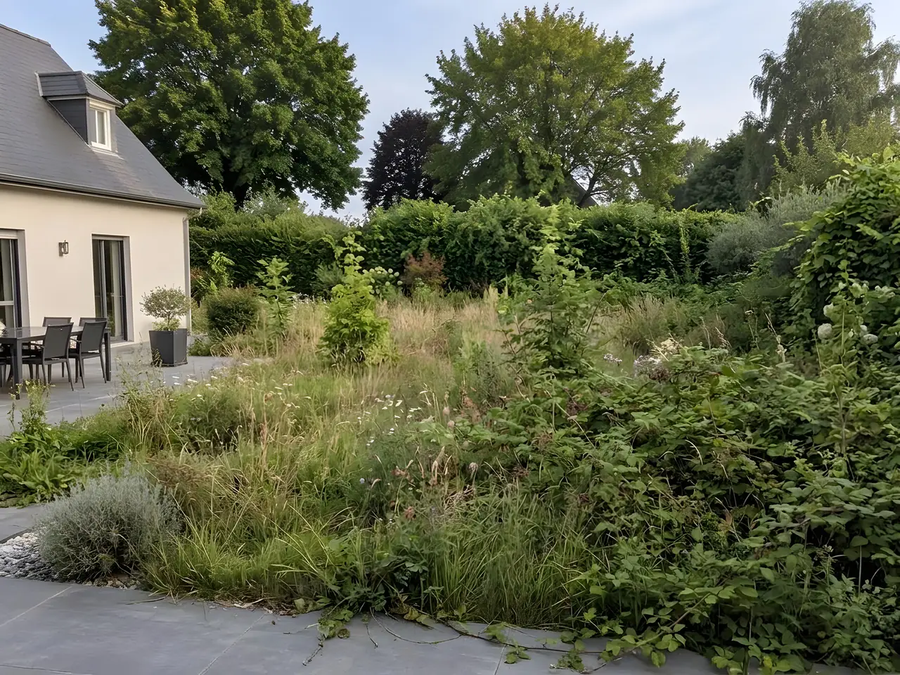 Jardin en friche à côté d'une maison : herbes hautes, ronces et arbustes qui ont tout envahi jusqu'à la terrasse