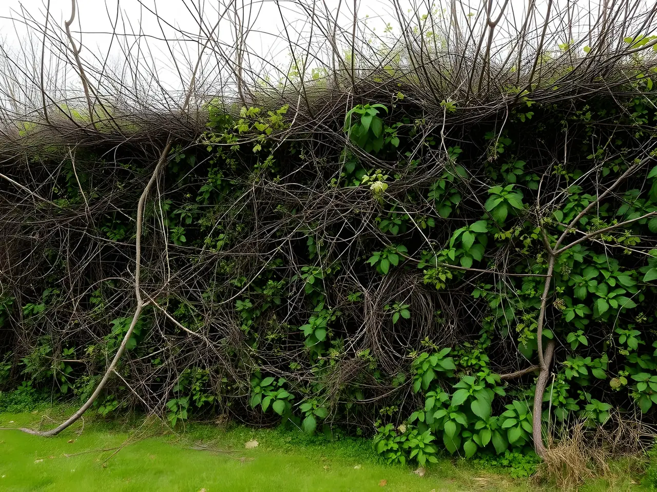 Haie étouffée par les ronces et le lierre, longues tiges sèches dressées au-dessus d'un fouillis de feuilles