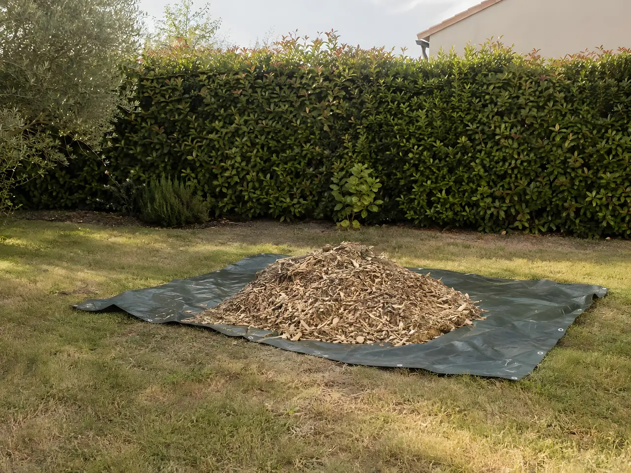 Petit tas de copeaux de bois broyé posé sur une bâche verte au milieu de la pelouse, devant la haie de photinias