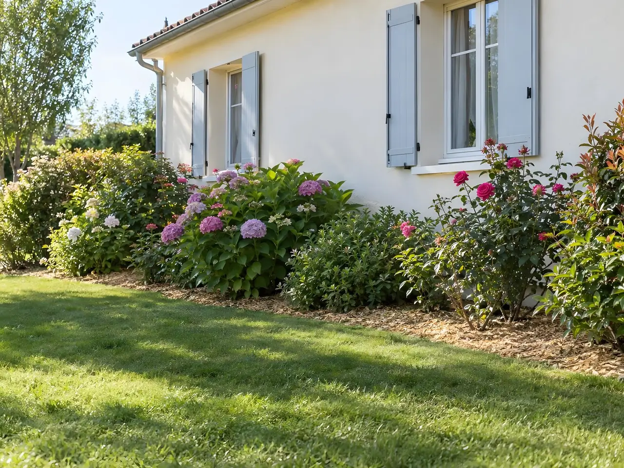 Massif d'hortensias et de rosiers au pied d'une façade crépie, sol couvert de broyat de bois clair, pelouse tondue