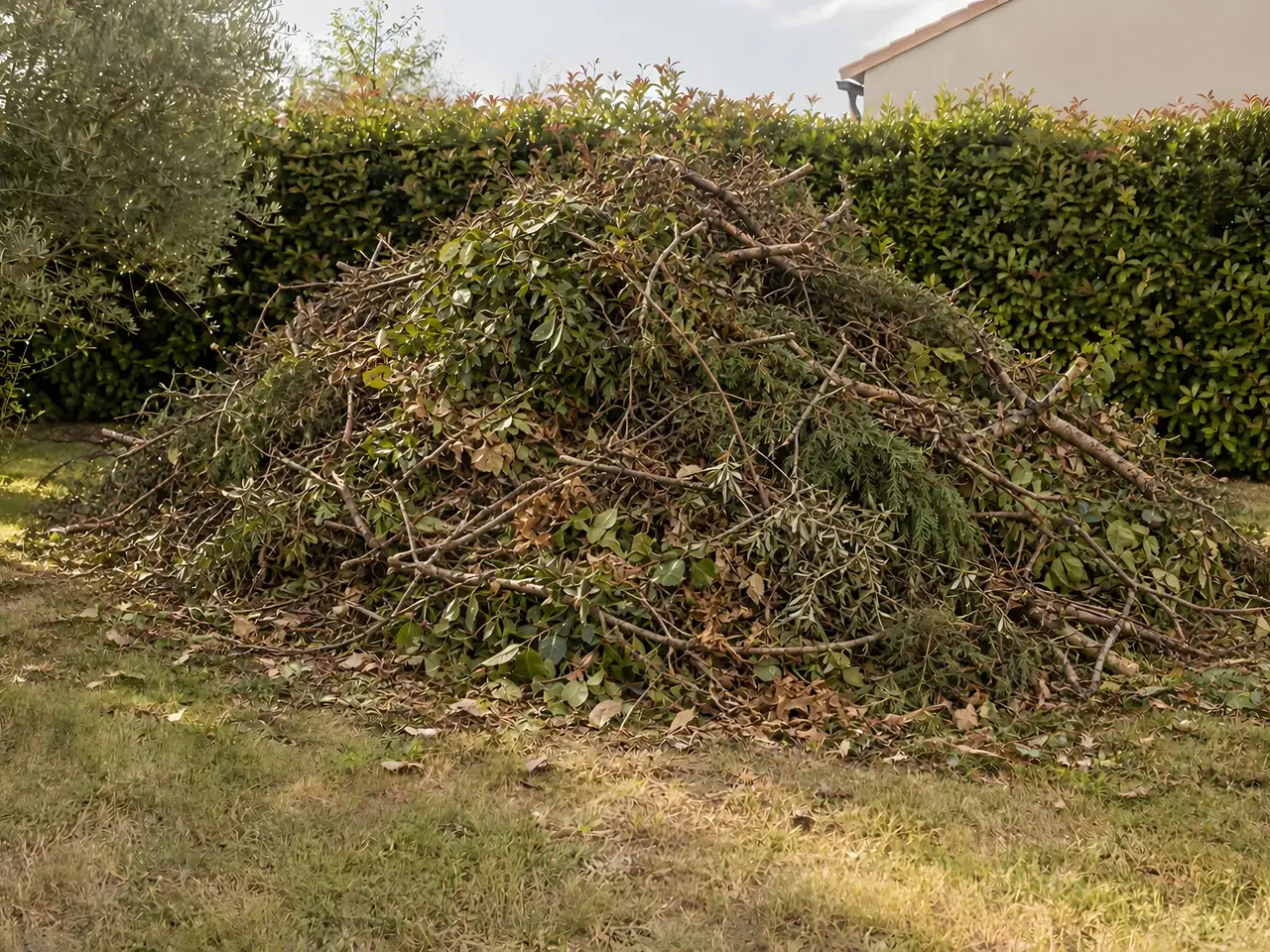 Gros tas de branches et de feuillages coupés entassé sur la pelouse au pied d'une haie de photinias