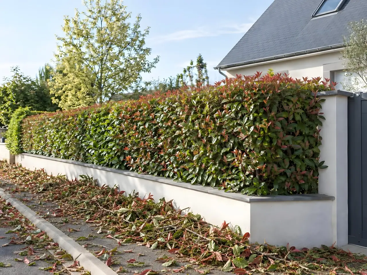Trottoir couvert de branches coupées et de feuilles rouges au pied d'une haie de photinias taillée sur un muret