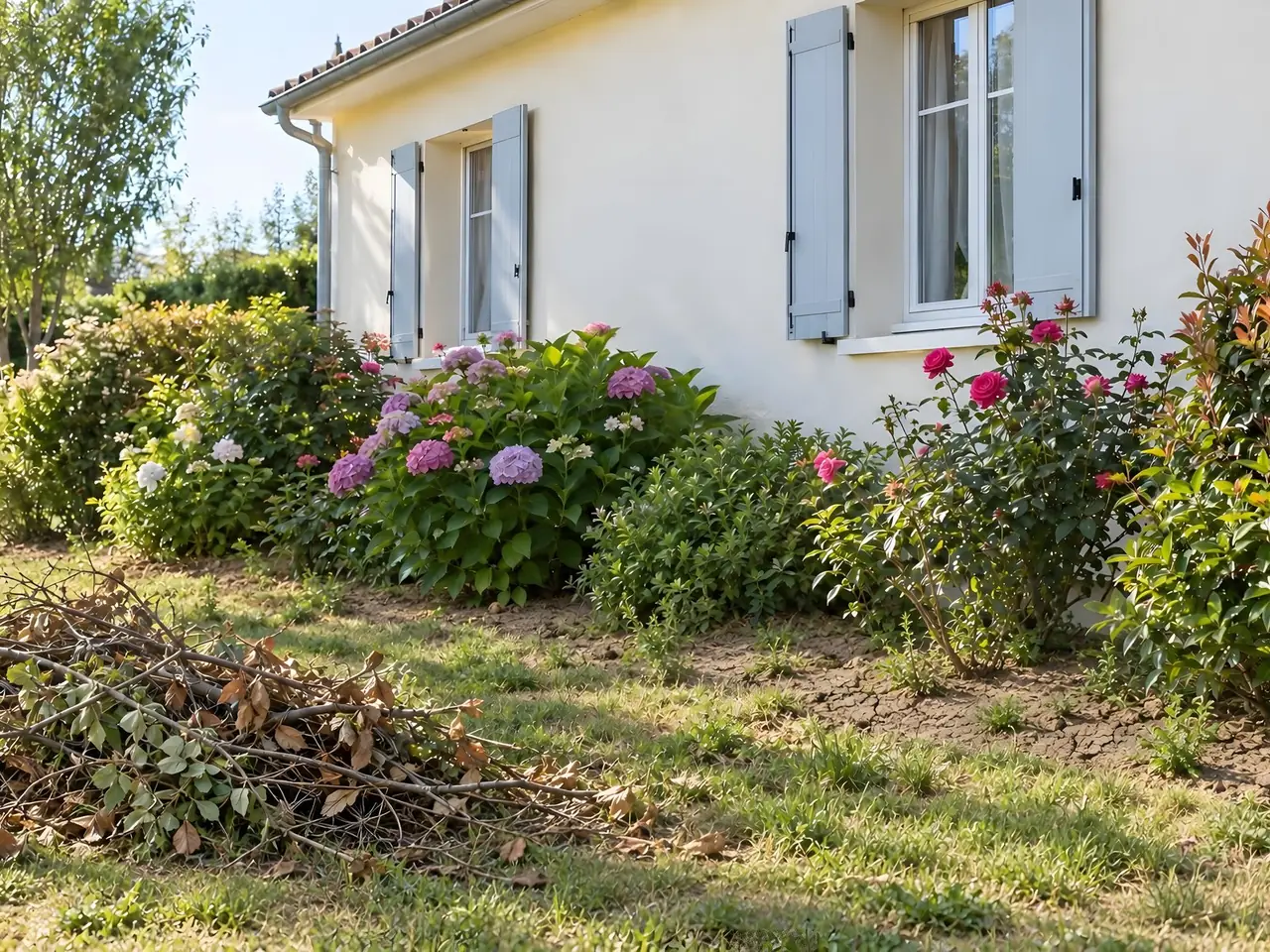 Massif d'hortensias et de rosiers au pied d'une façade crépie, terre sèche craquelée, tas de branches sur la pelouse