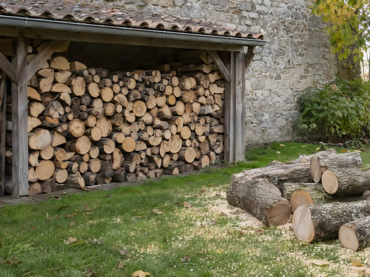 Bûches fendues empilées sous un abri en bois adossé à un mur en pierre, gros rondins fraîchement coupés posés sur l'herbe