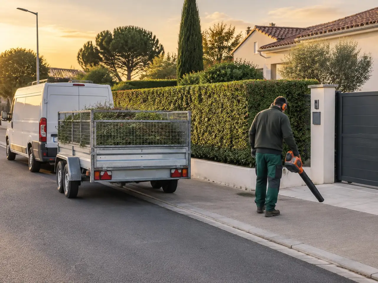 Remorque grillagée pleine de tailles de haie derrière un utilitaire, jardinier soufflant le trottoir devant le portail