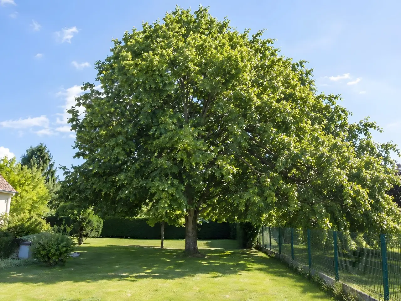 Grand tilleul dont les branches de droite passent largement au-dessus de la clôture verte vers le jardin voisin