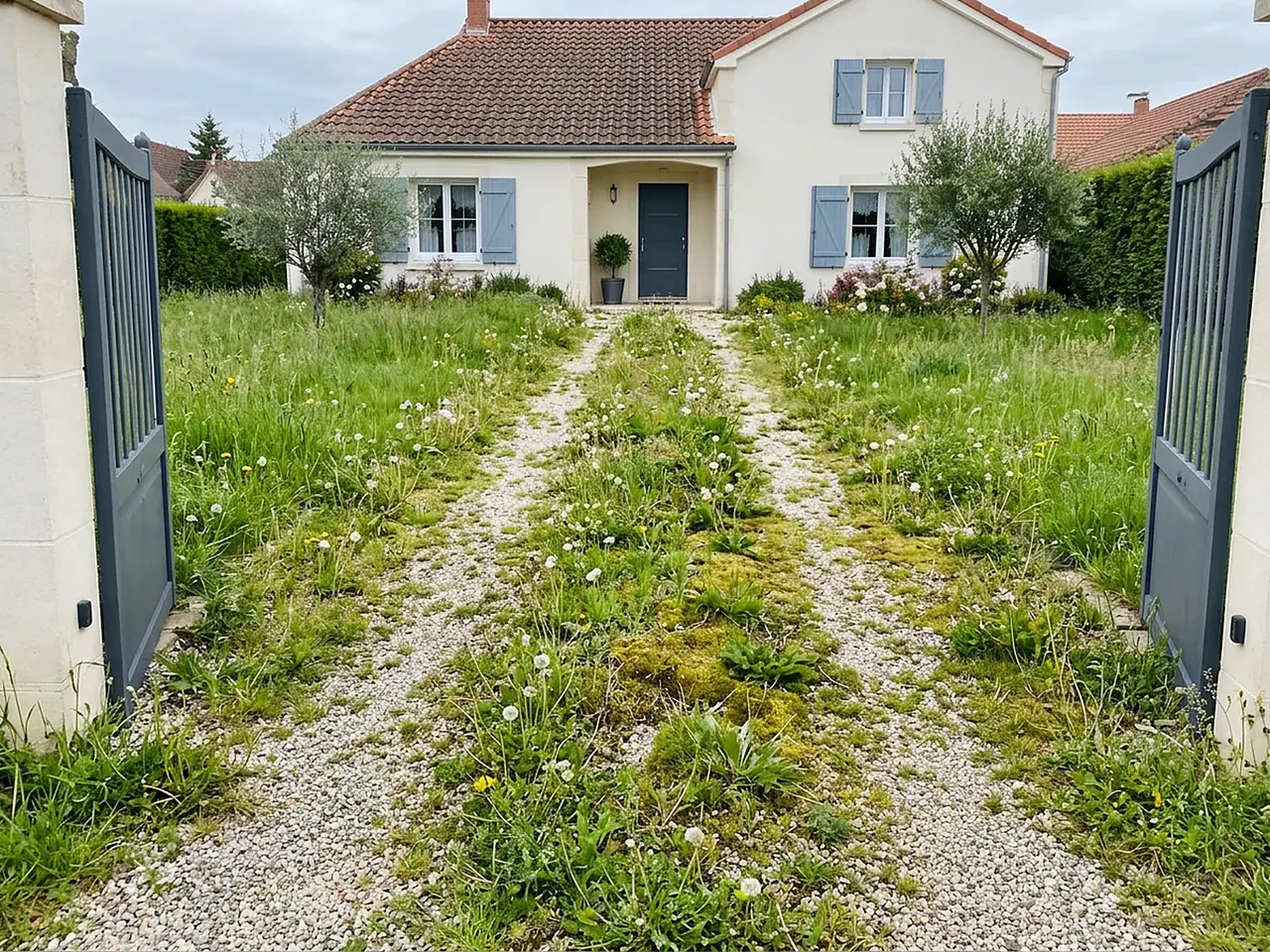 Allée en gravier envahie d'herbe, de mousse et de pissenlits entre deux pelouses hautes, portail ouvert