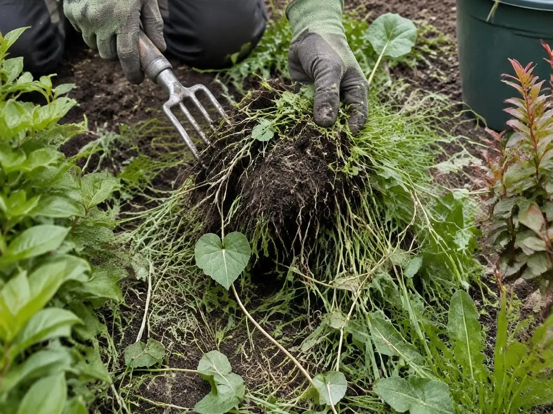 Mains gantées arrachant les herbes d'un massif à la griffe, racines comprises, seau de déchets verts à côté