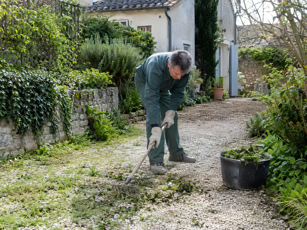 Jardinier qui désherbe à la binette une allée en gravier envahie d'herbe, le long d'un muret de pierre couvert de lierre