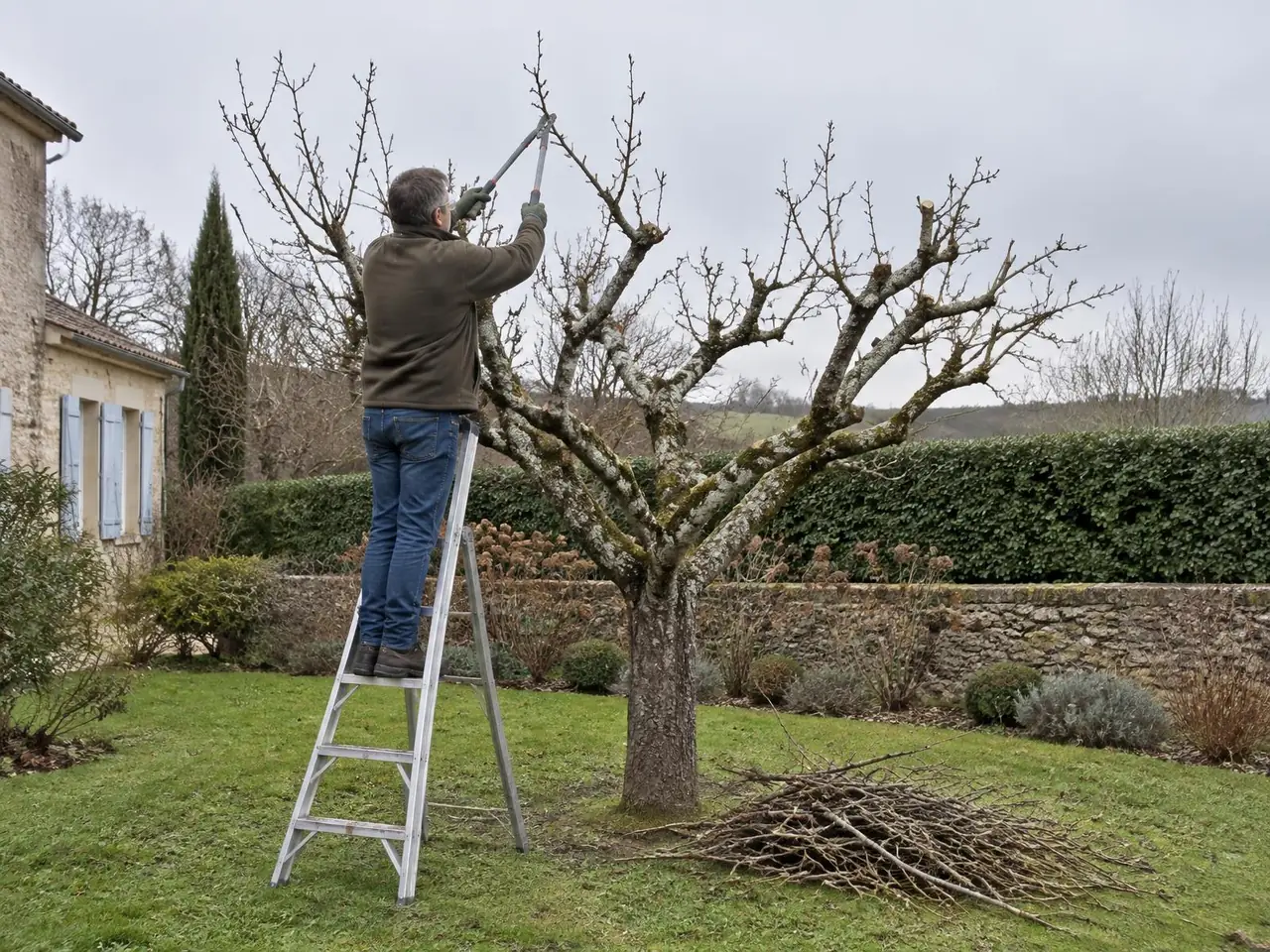 Jardinier sur un escabeau taillant un pommier en hiver au coupe-branches, branches coupées en tas au pied