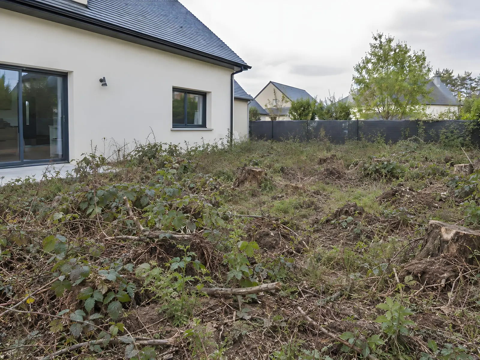 Jardin en friche le long d'une maison récente : ronces, broussailles et vieilles souches jusqu'à la clôture