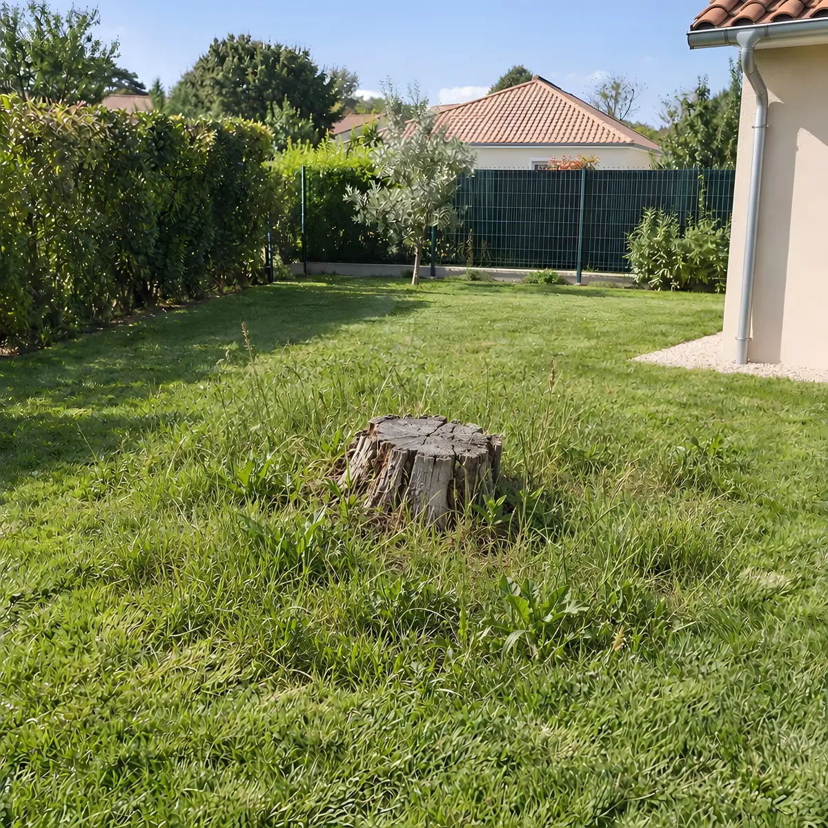 Vieille souche au milieu d'une pelouse envahie d'herbes hautes, haie et jeune olivier au fond