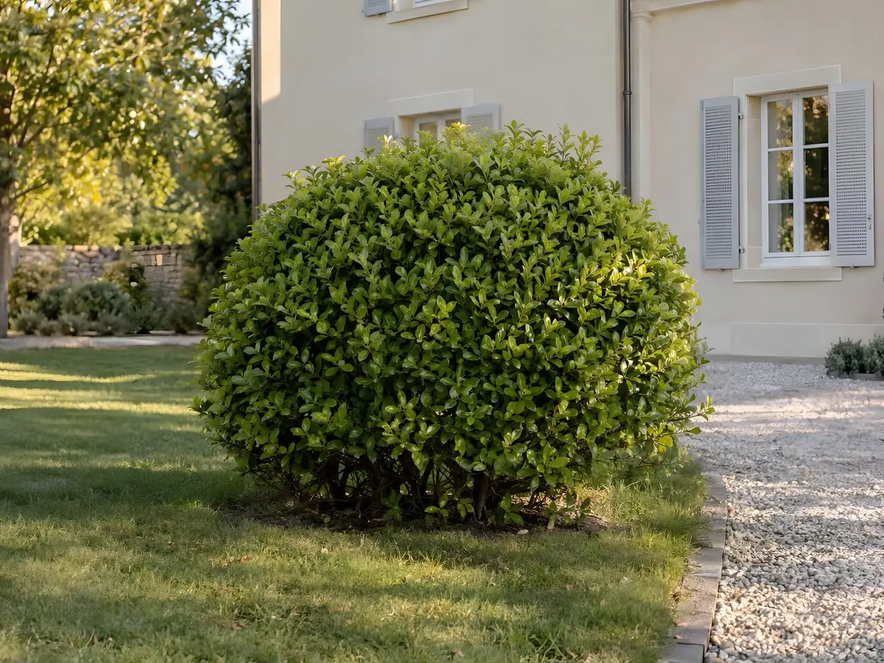 Pittosporum taillé en boule dense au bord d'une allée en gravier dégagée, devant un pavillon crépi aux volets gris