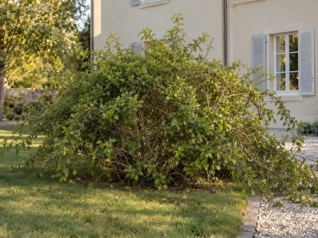 Arbuste informe aux longues branches dégarnies qui retombent sur une allée en gravier devant un pavillon crépi
