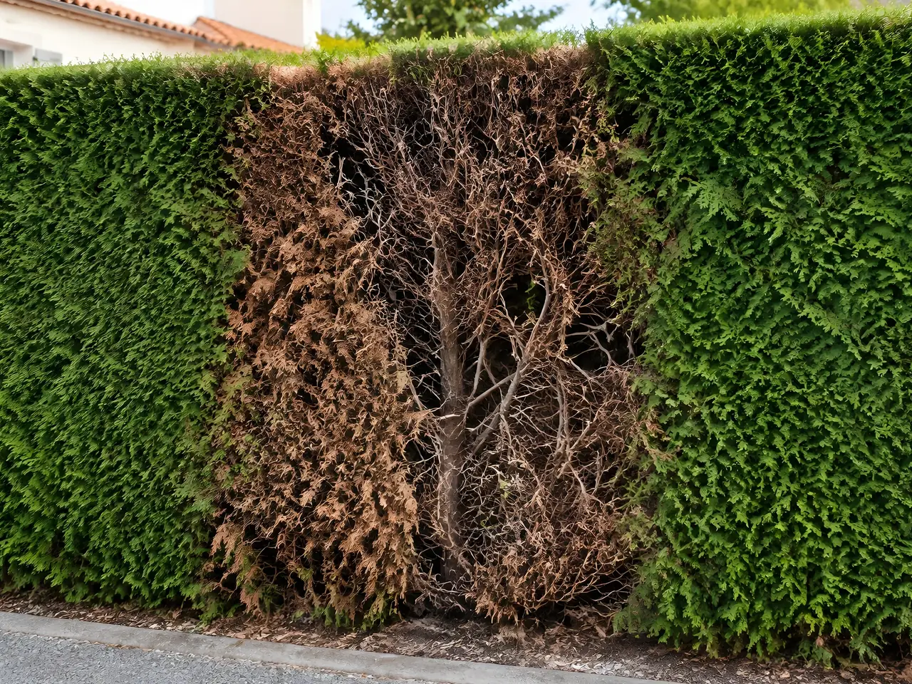 Haie de thuyas verte et dense trouée en son milieu par une large plaque de bois brun aux branches nues