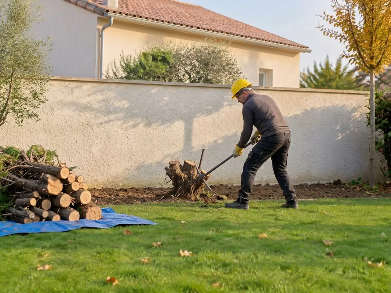 Jardinier casqué arrachant une souche de thuya à la pioche au pied d'un mur, troncs coupés empilés sur une bâche bleue