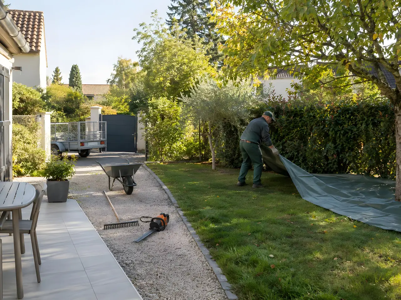 Jardinier qui étend une bâche au pied d'une haie, brouette, râteau et taille-haie posés sur l'allée en gravier