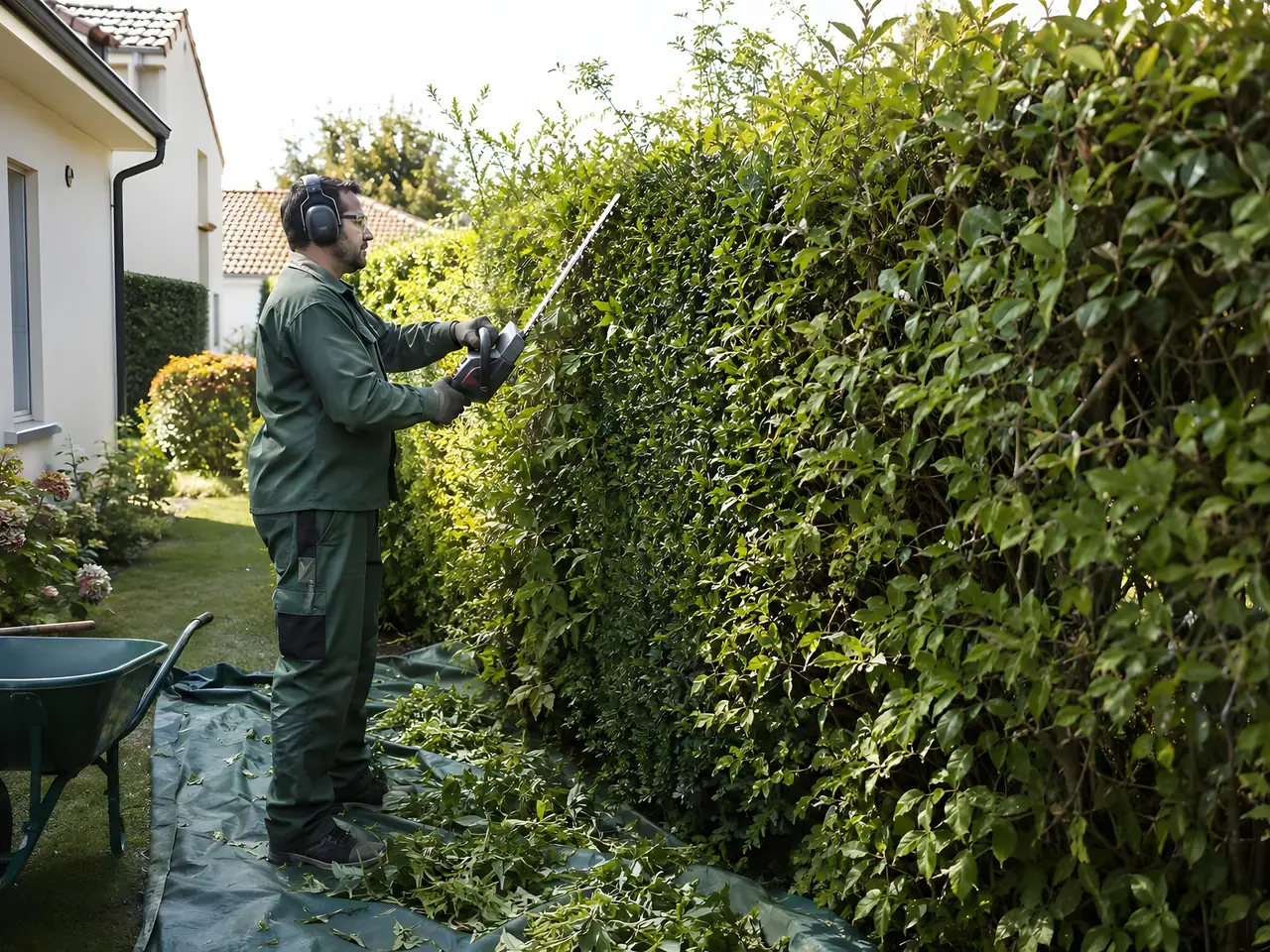 Jardinier en tenue verte avec casque antibruit qui taille au taille-haie une haute haie, les coupes tombant sur une bâche